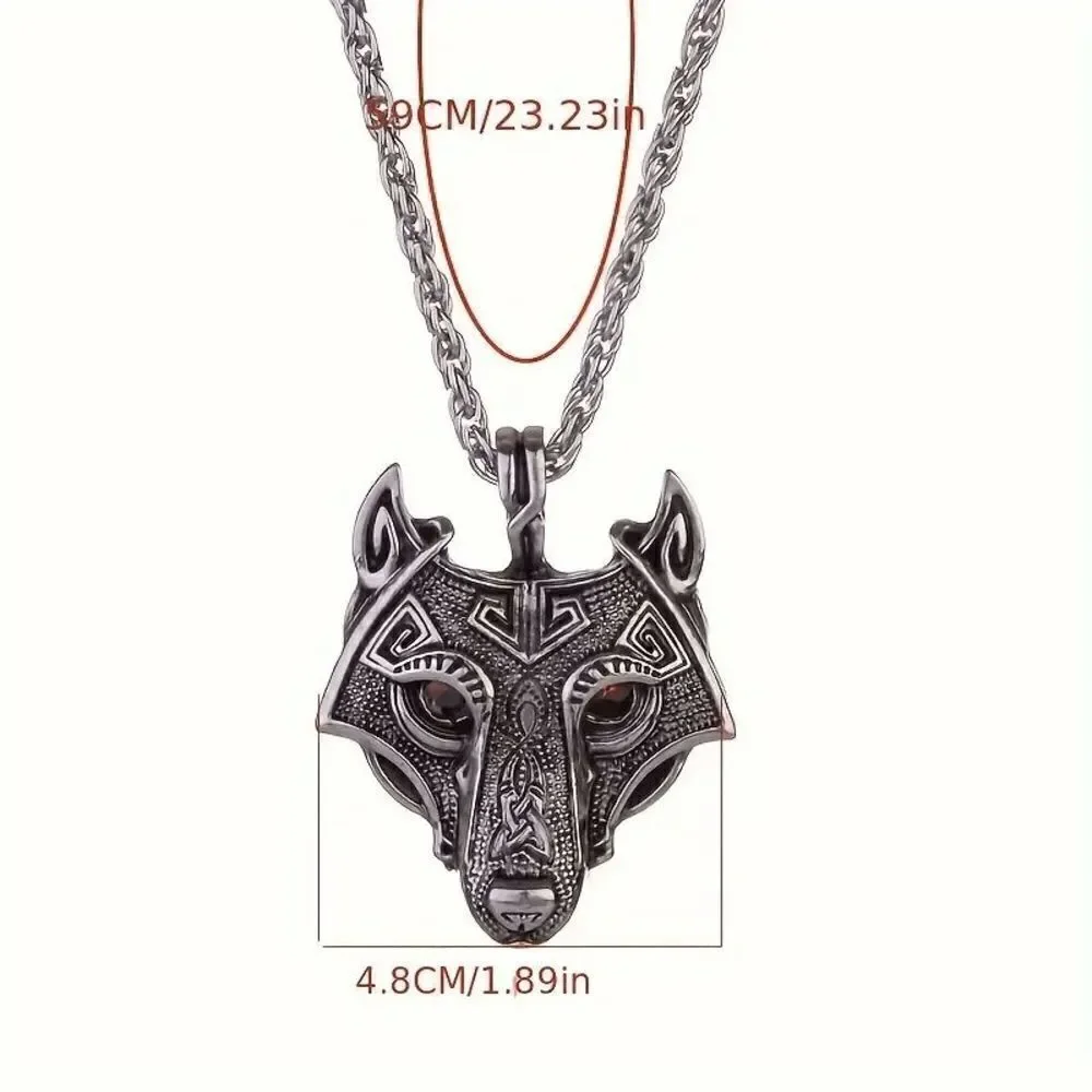 Viking Fenrir Wolf Head Stainless Steel Ruby Eye Pendant Necklace